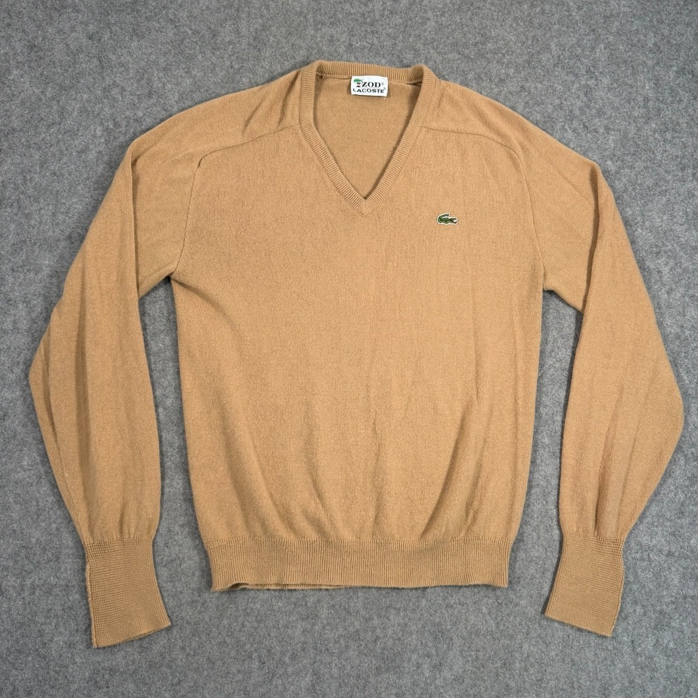 Lacoste Izod Vintage 1970s Brown Knit V-Neck Pullover Long Sleeve Sweater Size M